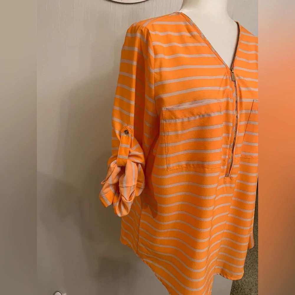 Calvin Klein Orange and Gray Striped V-Neck Top - Picture 4 of 7